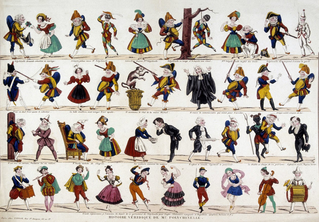 Prawdziwa historia Monsieur polychinelle (polichinelle). Obraz Epinal, s.d. 19 wiek. autorstwa French School