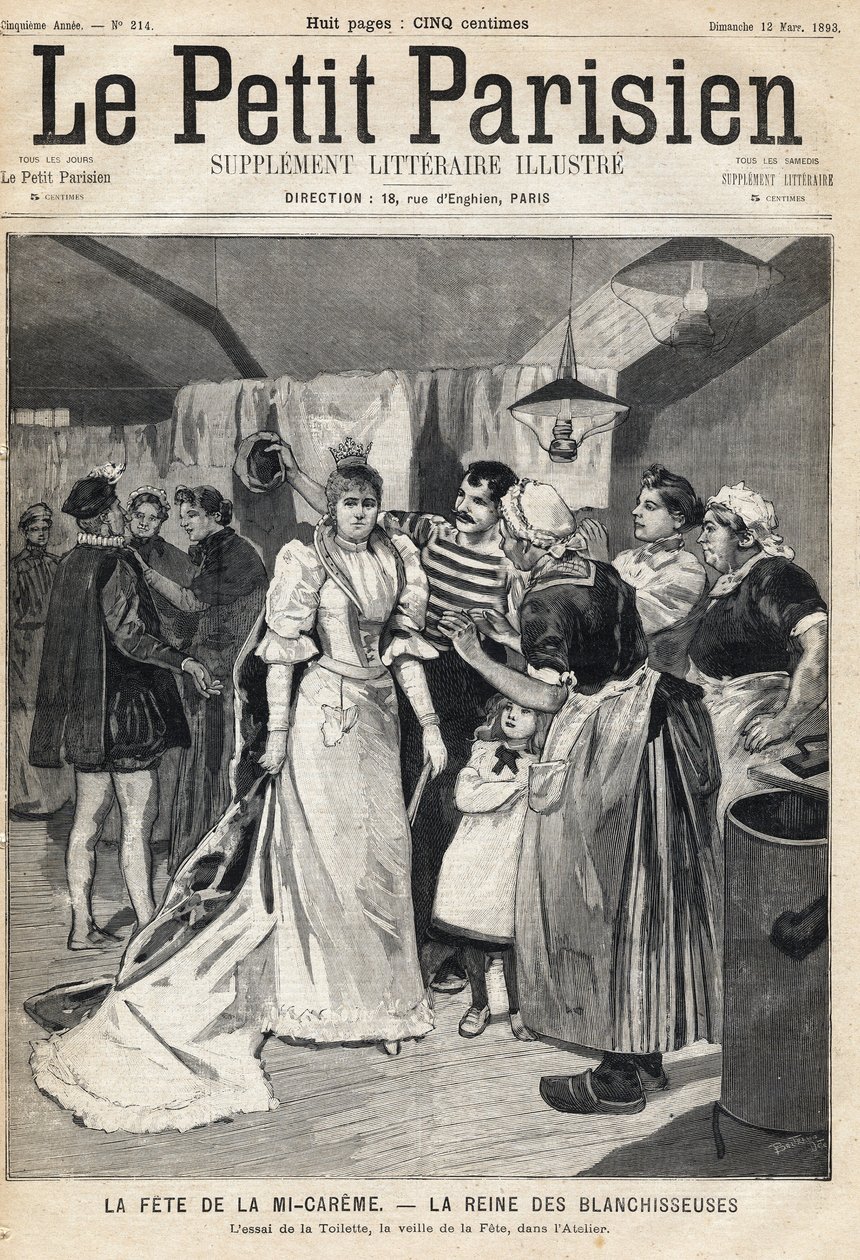 Wypróbuj toaletę w warsztacie w przeddzień święta Mi Careme (Mi-Careme): królowej wybielaczy. Jedna z gazet „Le Petit Parisien”” z dnia 12.03.1893 (rycina) autorstwa French School