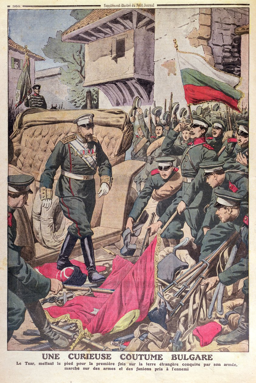 Car Ferdynand I (1861-1948) Bułgarii przechadzał się po zdobytych flagach podczas wojny bałkańskiej 1912, listopad 1912 autorstwa French School