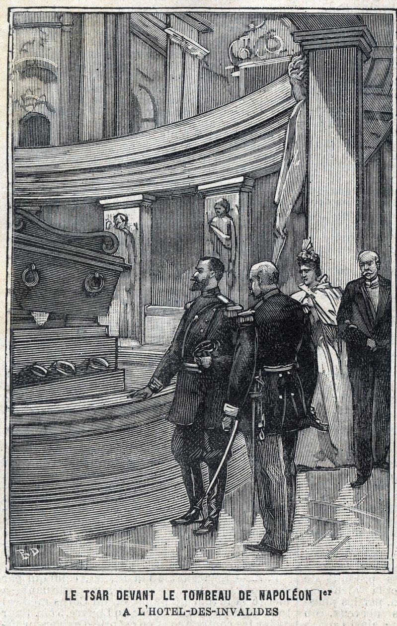 Car Mikołaj II (1868-1918) i caryca Aleksandra Fiodorowna Romanowa (1872-1918) przed grobem Napoleona I Bonaparte w Hotelu des Invalides w Paryżu, w „Le Petit Parisien”” autorstwa French School