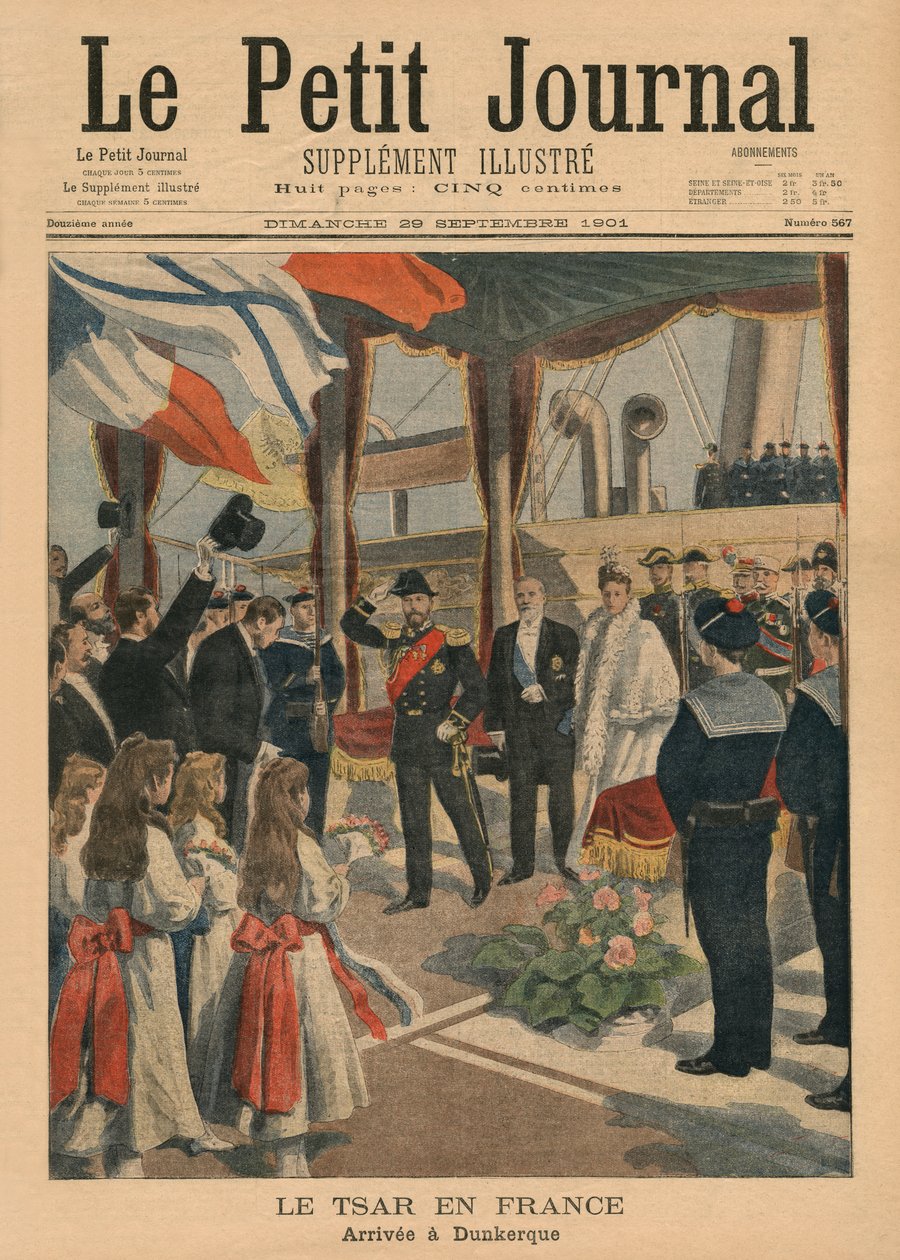 Car Mikołaj II we Francji, przybywający do Dunkierki, ilustracja na okładce z „Le Petit Journal”, Supplement illustre, 29 września 1901 (kolor lito) autorstwa French School