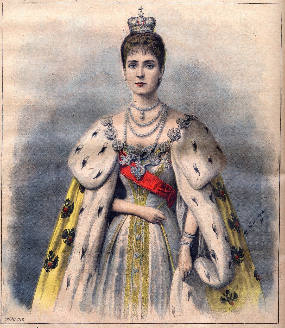 Caryca Aleksandra z Rosji w szatach koronacyjnych - Caryca Aleksandra Fiodorowna w stroju sacrum. Ilustracja do Le Petit Journal, 24 maja 1896 (grafika) autorstwa French School