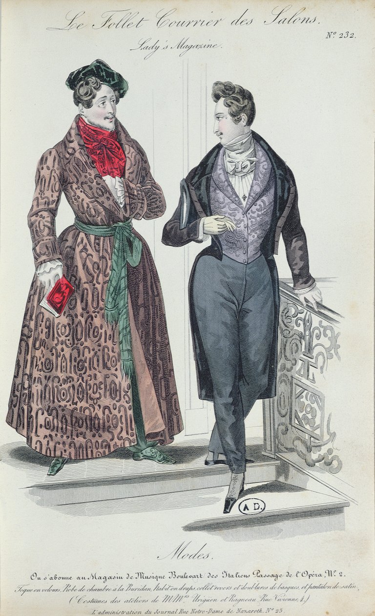 Dwóch eleganckich młodzieńców, 1835 (kolor grawerowany) autorstwa French School