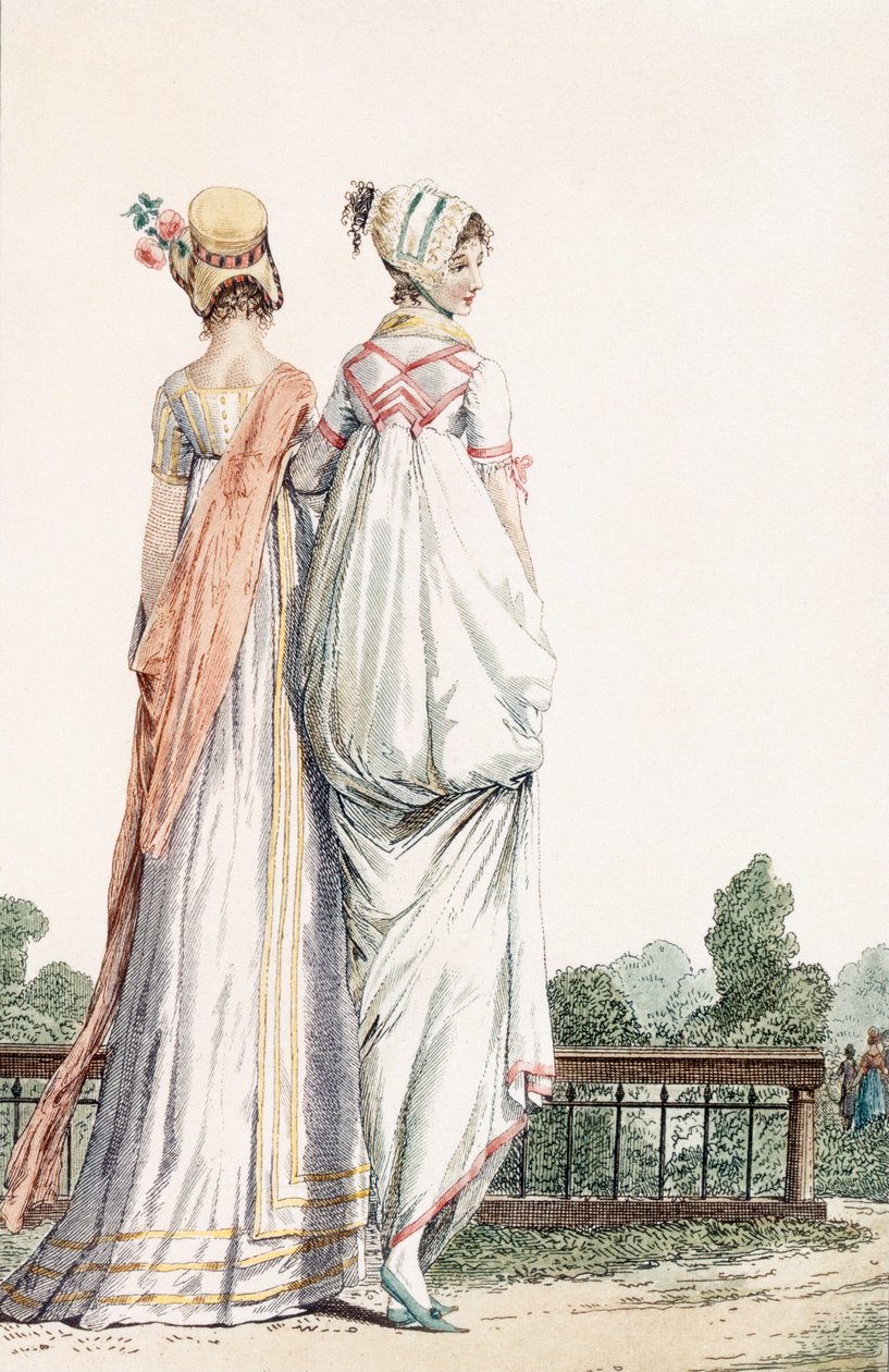 Dwie panie w sukniach promenadowych, 1796 99: kobieta; strój tradycyjny; strój tradycyjny; moda; c18th; pieszy; Powrót; białe sukienki; czapeczka; maski; kapelusze; park; ogród; autorstwa French School