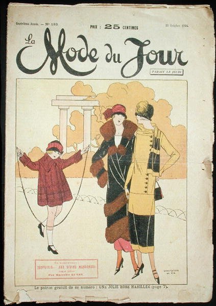 Dwie kobiety i mała dziewczynka w parku, ilustracja z „La Mode du Jour” autorstwa French School