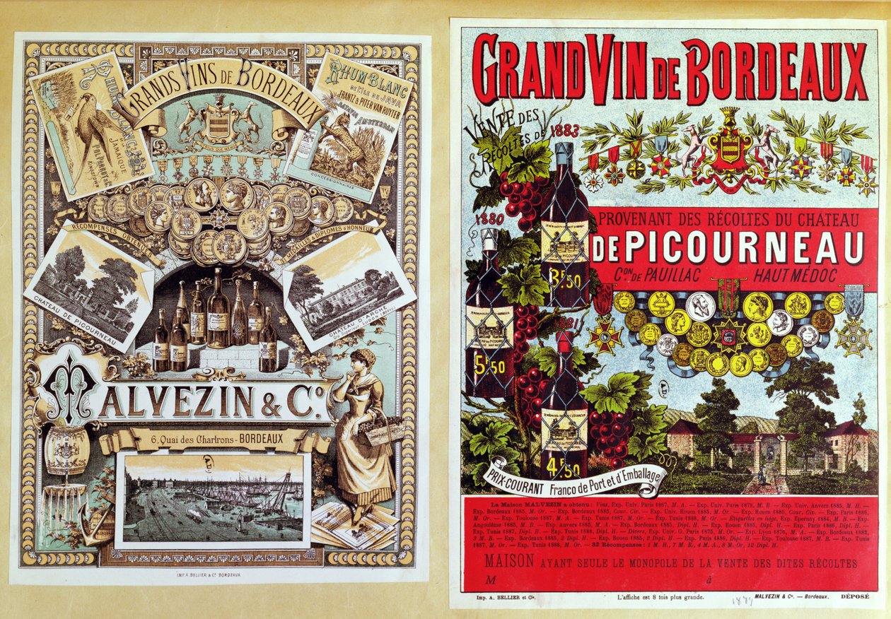 Dwie reklamy dystrybutorów Malevezin and Company oraz winnicy Chateau de Picourneau z regionu Bordeaux, koniec XIX wieku autorstwa French School