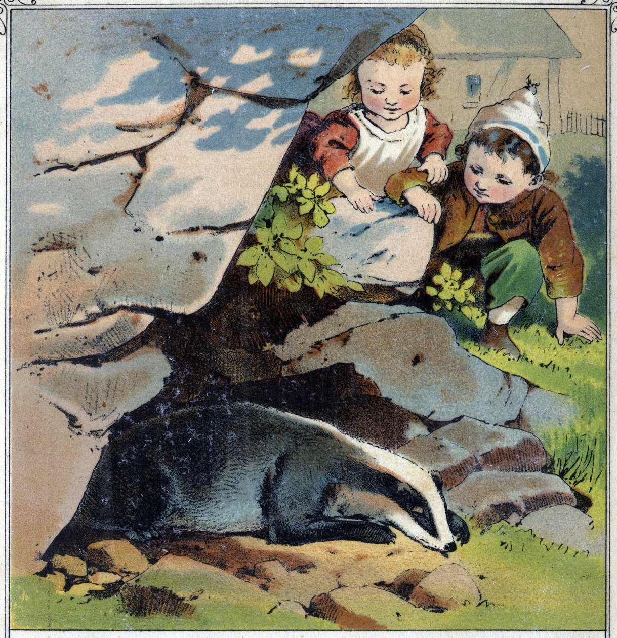 Dwoje dzieci obserwuje borsuka w jego norze. Chromolitografia z „”Scen dzieciństwa”” wyd. Guerin - Muller około 1885 roku. autorstwa French School
