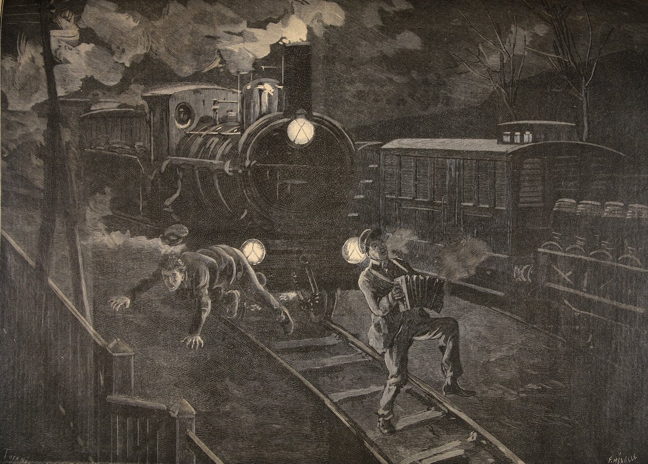 Dwóch mężczyzn potrąconych przez ilustrację pociągu z Le Petit Journal: dodatek illustre, 1898 autorstwa French School
