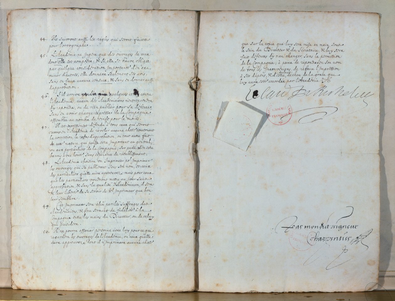 Dwie strony statutu Akademii Francuskiej, 1635 (tusz na papierze) (patrz także 179947) autorstwa French School