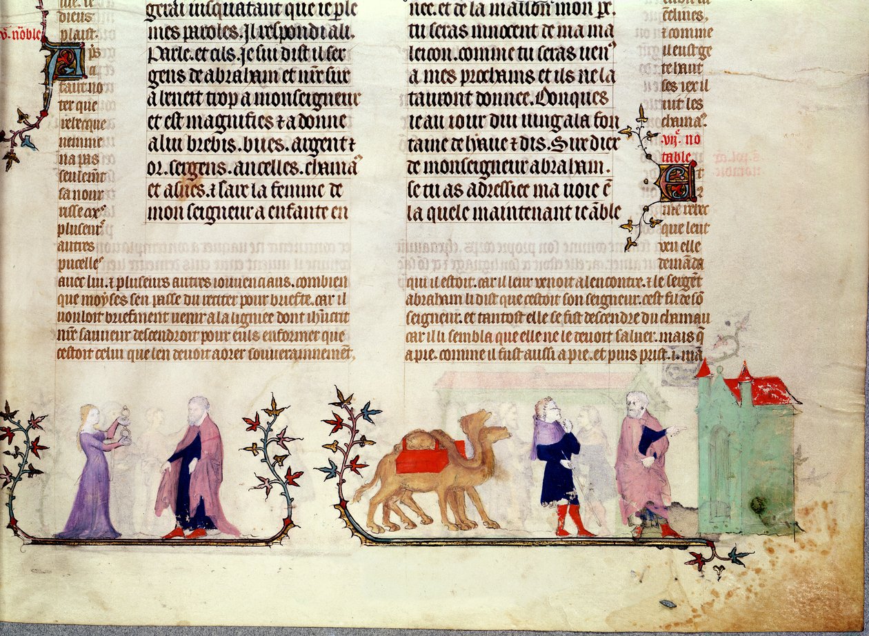 Dwie sceny z historii Rebeki przy studni, z Biblii Jana de Sy, ok. 1355 autorstwa French School