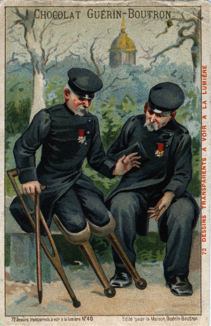 Dwóch inwalidów wojennych: tyłek rozmawiający z pingwinem. Chromolitografia XIX wieku. autorstwa French School