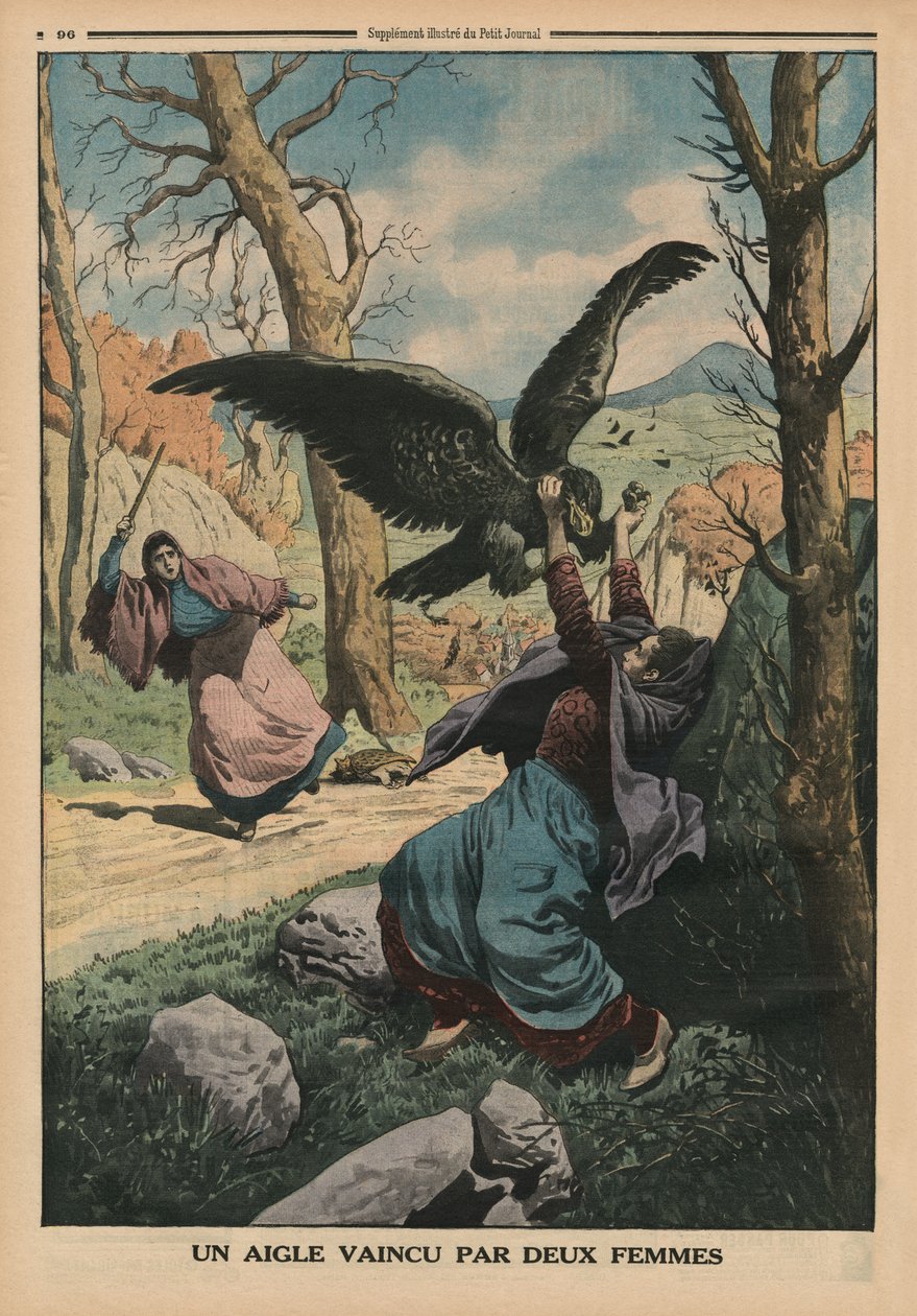 Dwie kobiety pokonujące orła, ilustracja na tylnej okładce z „Le Petit Journal”, dodatek illustre, 22 marca 1914 autorstwa French School