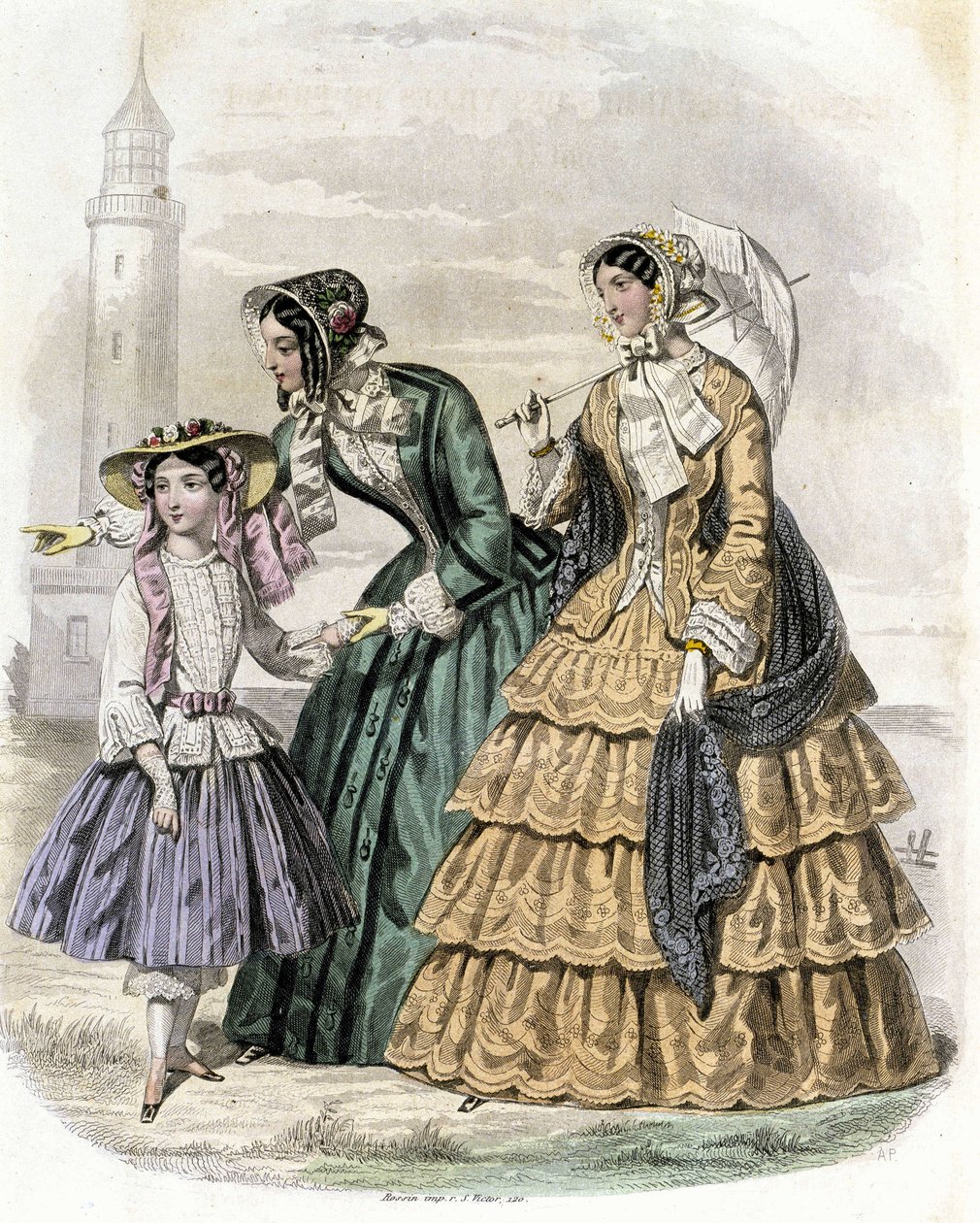 Dwie kobiety z dziewczyną na wsi – w „Journal des Demoiselles” 1852. autorstwa French School