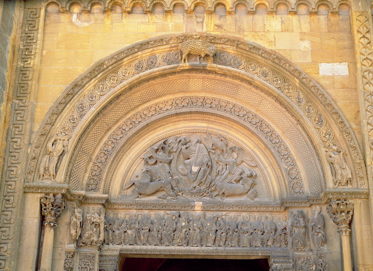 Tympanon kruchty przedstawiający Chrystusa w Majestacie z Symbolami Ewangelistów, ok. 1140-50 autorstwa French School