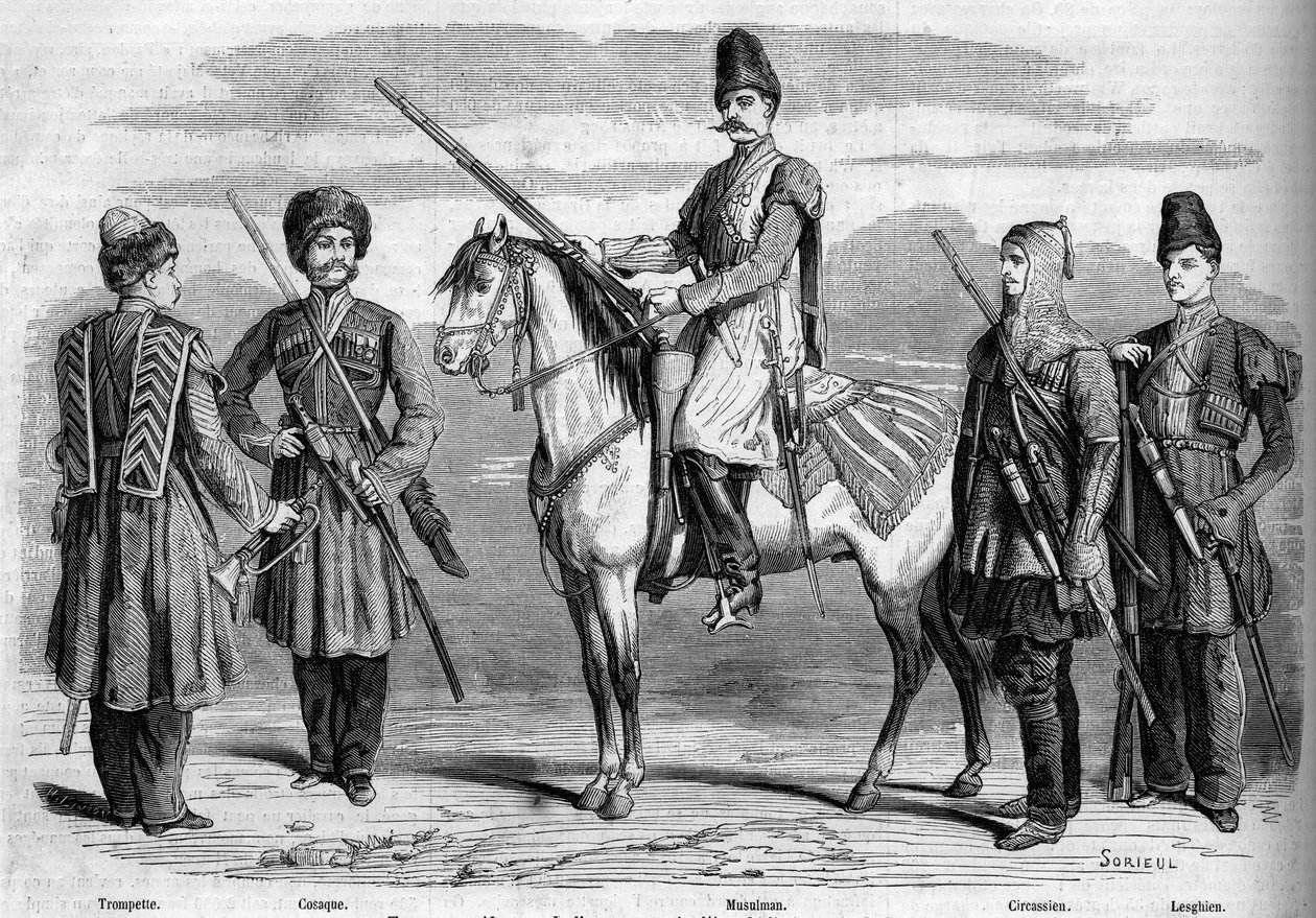 Rodzaje i mundury specjalnej eskorty cesarza Rosji. Od lewej do prawej: trąbka, kozak, muzułmanin, czerkieski i lesgijski. Grawer w „”Le Monde Illustré””n°153 z dnia 17 marca 1860 r. autorstwa French School
