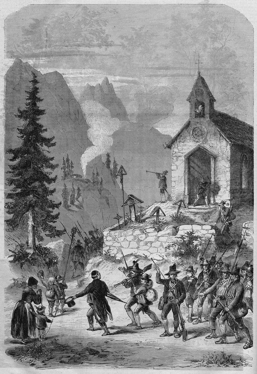 Tyrol, scena powrotu wojsk tyrolskich armii austriackiej w październiku 1866 r. Rycina autorstwa French School