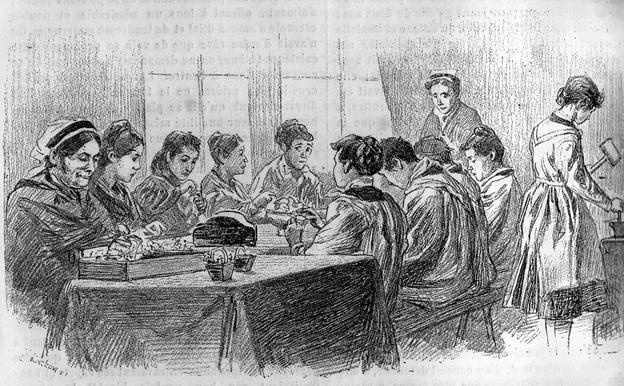 Warsztaty głupich młodych dziewcząt w Salpetrière w Paryżu, W „Gazecie młodzieżowej” 1887. autorstwa French School