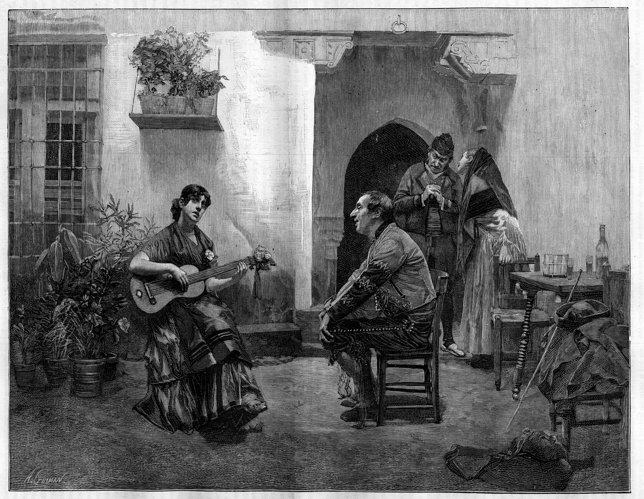 Pod urokiem: mężczyzna słuchający z podziwem młodej Hiszpanki grającej na gitarze. Grawerowanie według obrazu Julesa Wormsa (1832-1914) w „Świat znakomity”, 1 maja autorstwa French School