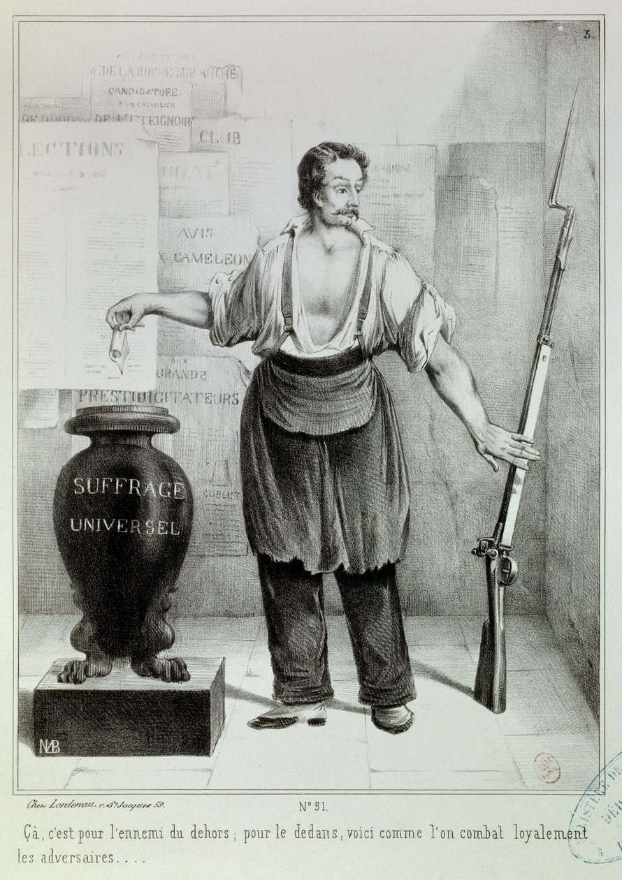 Powszechne głosowanie „”głos albo karabin”” Głos musi walczyć z wrogiem zamiast karabinu. Grawerowanie M.L. Bosredon, kwiecień 1848. Paryż, Musee Carnavalet autorstwa French School
