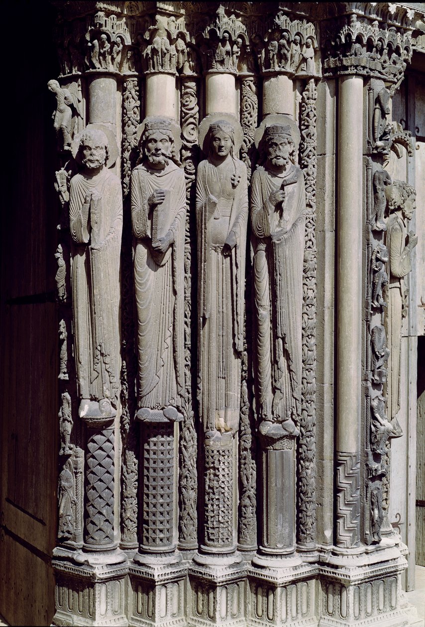 Nieznana postać, król Salomon, królowa Saby i król Dawid, figury ościeżnicowe z Portalu Królewskiego, 1140-55 autorstwa French School