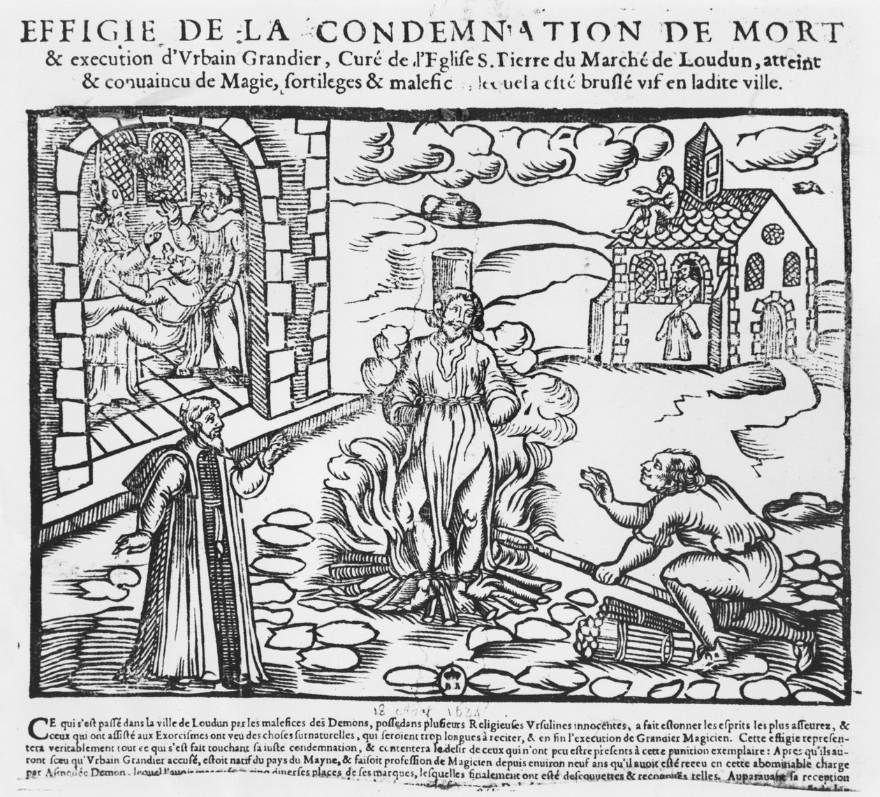 Urbain Grandier spłonął na stosie po wydarzeniach z Loudun, 1634 (drewno) autorstwa French School