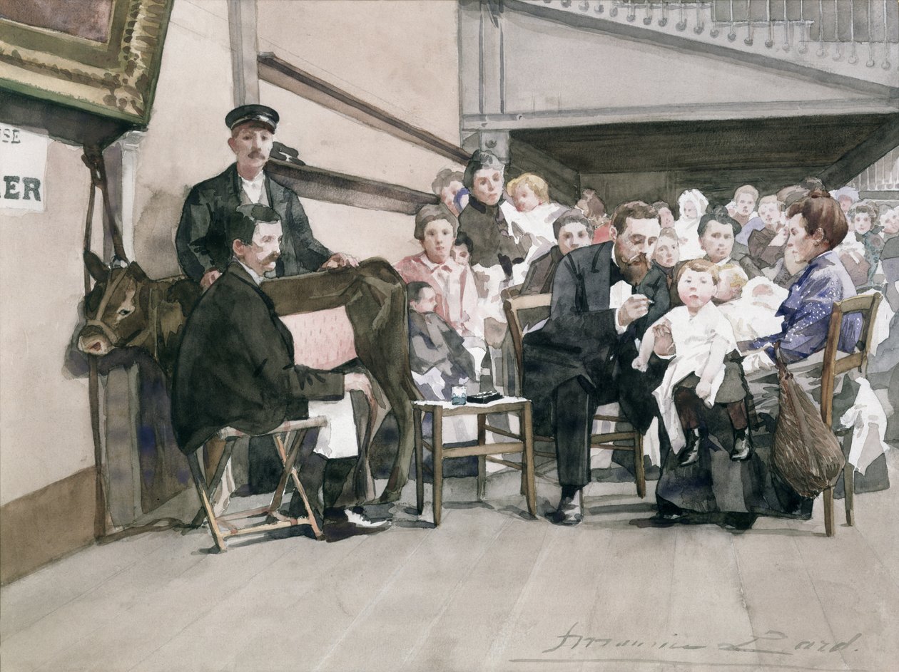 Szczepienia niemowląt w Institut de la Vaccine, Paryż, ok. 1900 (wc na papierze) autorstwa French School