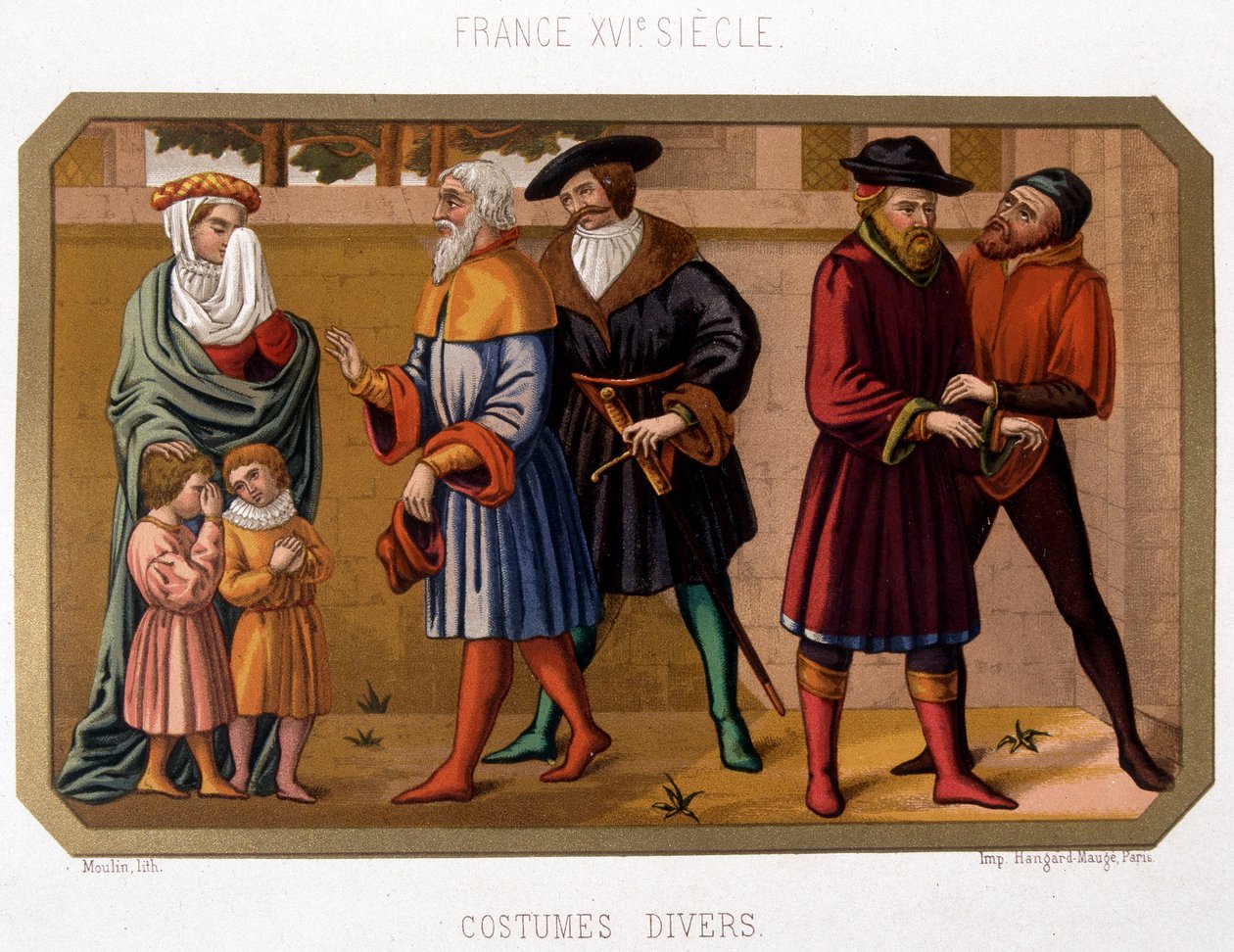Różne stroje burżuazyjne w XVI wieku - chromo. XIX wiek na podstawie dokumentu z epoki autorstwa French School