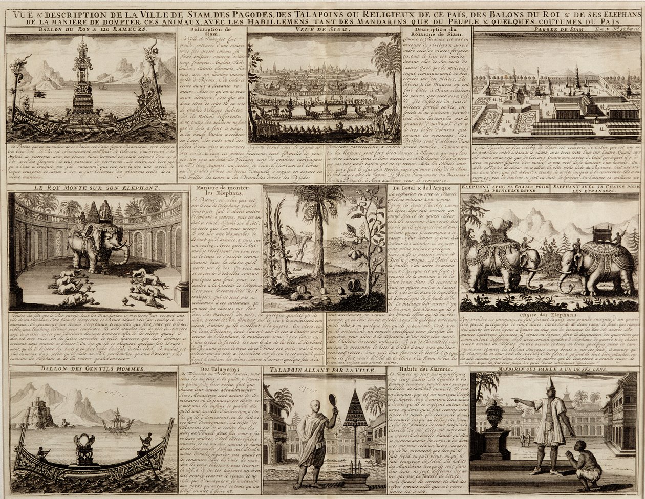 Różne poglądy na Syjam i Ayutthaję, z Du Royaume de Siam autorstwa Simona de la Loubere, opublikowane w 1688 r. autorstwa French School