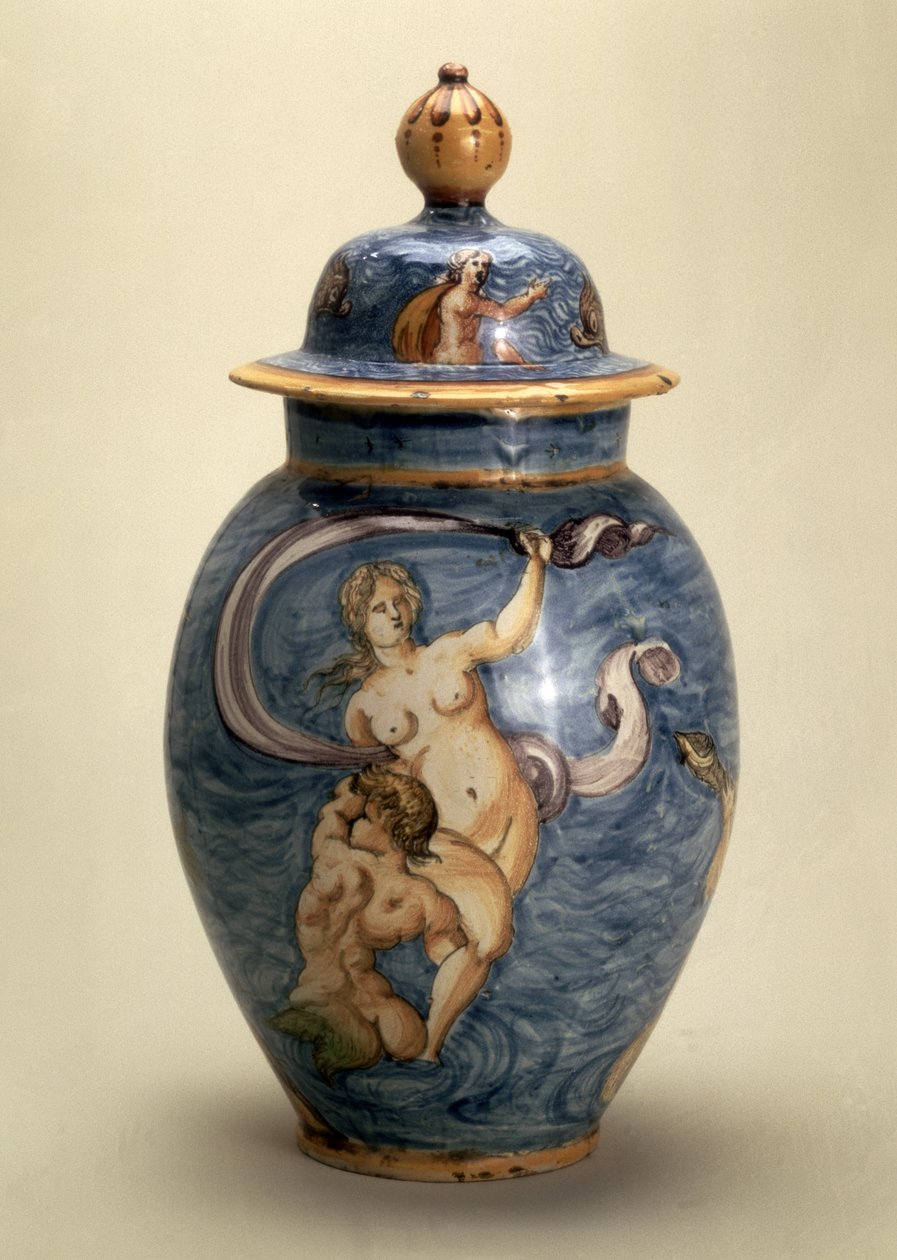 Wazon zdobiony bóstwami morskimi, Nevers, pocz. XVII w. (maiolica z polichromią) autorstwa French School