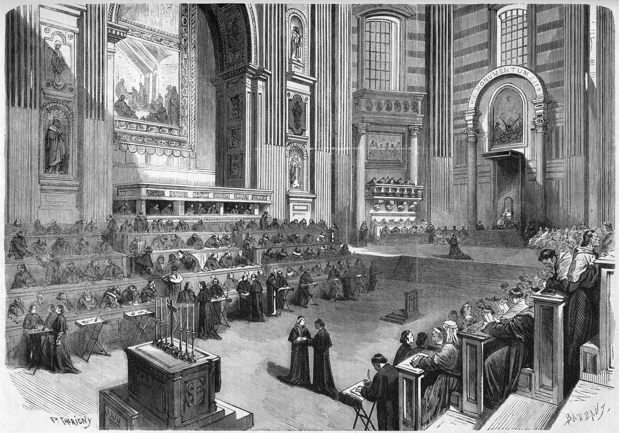Sobór Watykański 1 (1869-1870): Pierwsze spotkanie odbyło się 9 grudnia 1869 w prawej części transeptu kościoła św. Piotra w Rzymie. Grawer w „”Le Monde Illustré”” nr 663 z dnia 25 grudnia 1869 r. autorstwa French School