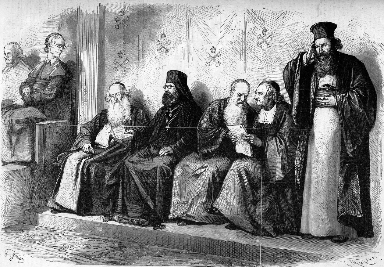 Sobór Watykański I (1869-1870): patriarchowie i archimandryci podczas audiencji przedsynodalnej w Kaplicy Sykstyńskiej w Rzymie. Grudzień 1869. Grawer w „”Le Monde Illustré””n°662 z 19 grudnia 1869. autorstwa French School