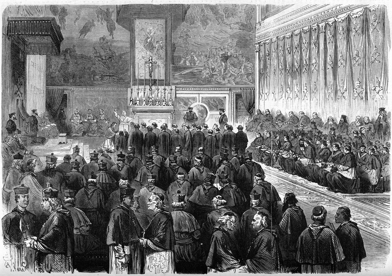 Sobór Watykański 1 (1869-1870): audiencja prosynodalna w Kaplicy Sykstyńskiej w Rzymie. Papież Pius IX (1792-1878) otrzymał przysięgę seretu marszałków i urzędników soboru. Grudzień 1869. Grawerowanie w „”Le Monde Illustré””n°662 z 19 grudnia autorstwa French School