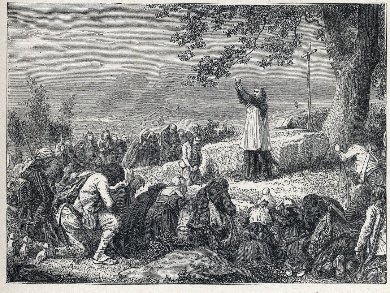 Vendee Wars (1793-1796): Księża wstawiają odprawianie mszy pod dębem w intencji powstańczej ludności, która odrzuca zaprzysiężonych księży. Rycina z 1889 r. Ze zbiorów prywatnych. autorstwa French School