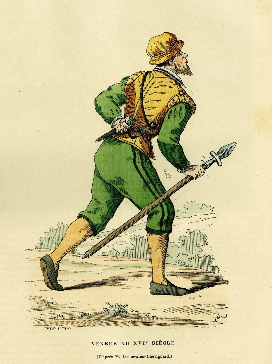 Strój Veneura, odpowiedzialnego za polowanie na zwykłe psy, w XVII wieku. Kolorowa rycina według rysunku Lechevaller-Chevignard, w "France et les francais a travers les centuries" Augustin Challamel, redaktor F.Roy, Paryż 1882. Kolekcja Selva. autorstwa French School