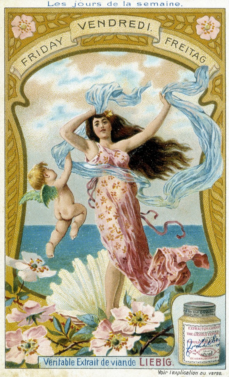 Wenus ilustruje piątek. Chromolitograficzna karta reklamowa Liebiga. autorstwa French School