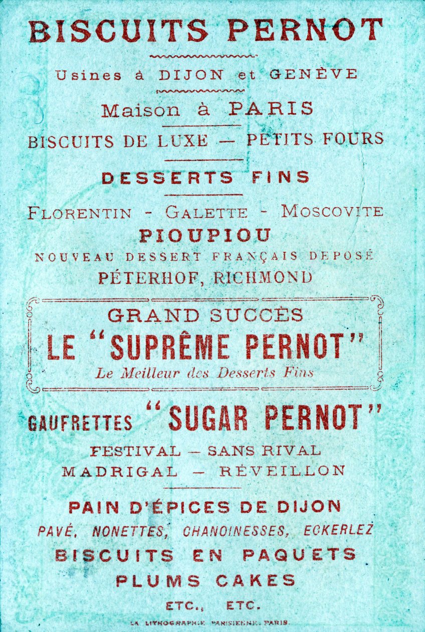 Verso z reklamą Biscuits Pernot, fabryki w Dijon i Geneve, Maison w Paryżu autorstwa French School