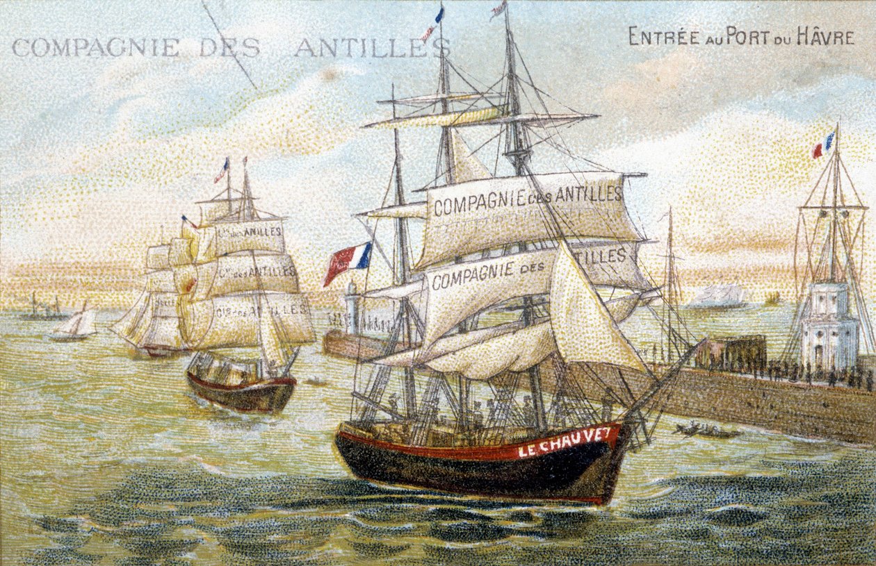 Statki kompanii z Indii Zachodnich w porcie Le Havre. XIX-wieczna ilustracja zachowana w bibliotece miejskiej Dinan. autorstwa French School