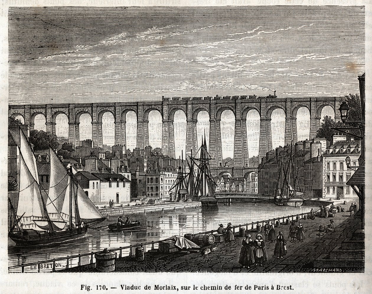 Wiadukt Morlaix, na linii kolejowej z Paryża do Brestu (Francja). Grawerowanie Lebreton et Marchand, w „Les Merveilles de la Science” Louisa Figuiera (1819-1894), wydanie Jouvet et Cie autorstwa French School