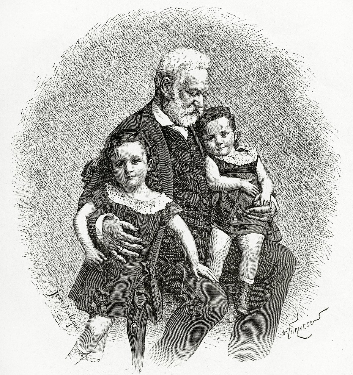 Victor Hugo i jego wnuki, XIX wiek (grawerunek bw) autorstwa French School