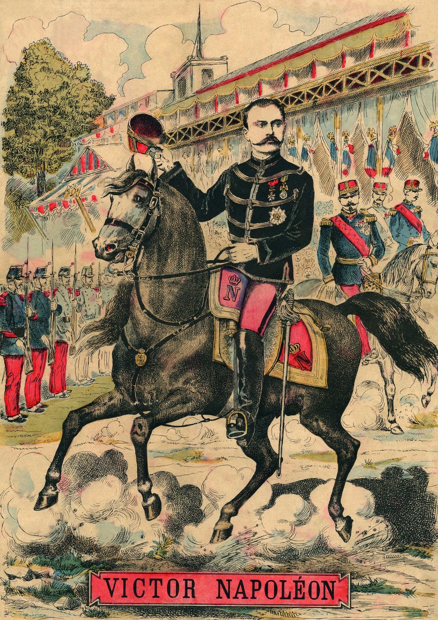 Wiktor Napoleon (1862-1926) na czele zwolenników Bonapartystów, ostatni spadkobierca Napoleona I musiał udać się na wygnanie w wyniku ustawy uchwalonej przez Trzecią Republikę w 1886 r. Rycina w "Le Figaro, dodatek", 30/03/1889, Paryż. Coll. Selva. autorstwa French School