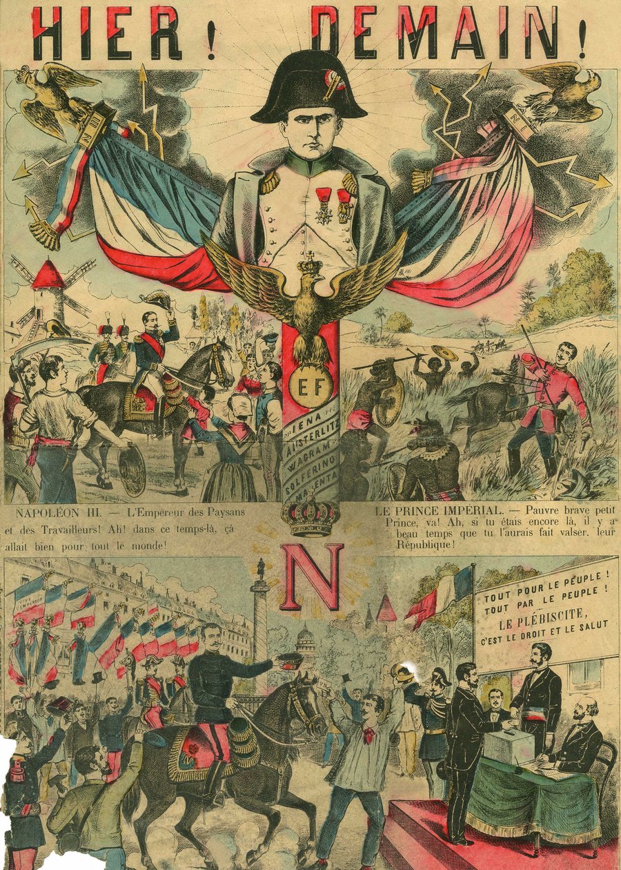 Wiktor Napoleon (1862-1926) na czele zwolenników Bonapartystów, ostatni spadkobierca Napoleona I musiał udać się na wygnanie w wyniku ustawy uchwalonej przez Trzecią Republikę w 1886 r. Rycina zamieszczona w "Le Figaro, dodatek", 30.03.1889, Paryż. autorstwa French School