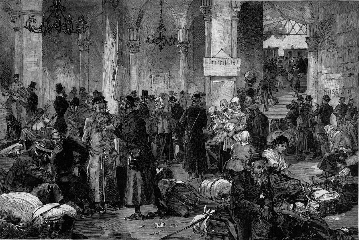 Wiedeń 1882, Sala Przegranych Spraw Północnego Fahna: repatriacja Żydów wygnanych po uspokojeniu ruchu antysemickiego, który miał miejsce w Rosji, z „Le Monde Illustre” autorstwa French School