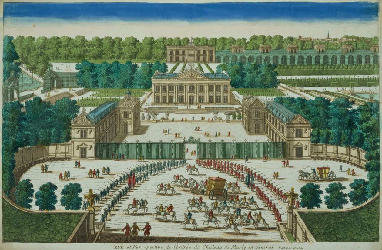 Widok i perspektywa wejścia do zamku Marly, grawerowane przez Antoine Aveline (1691-1743) autorstwa French School
