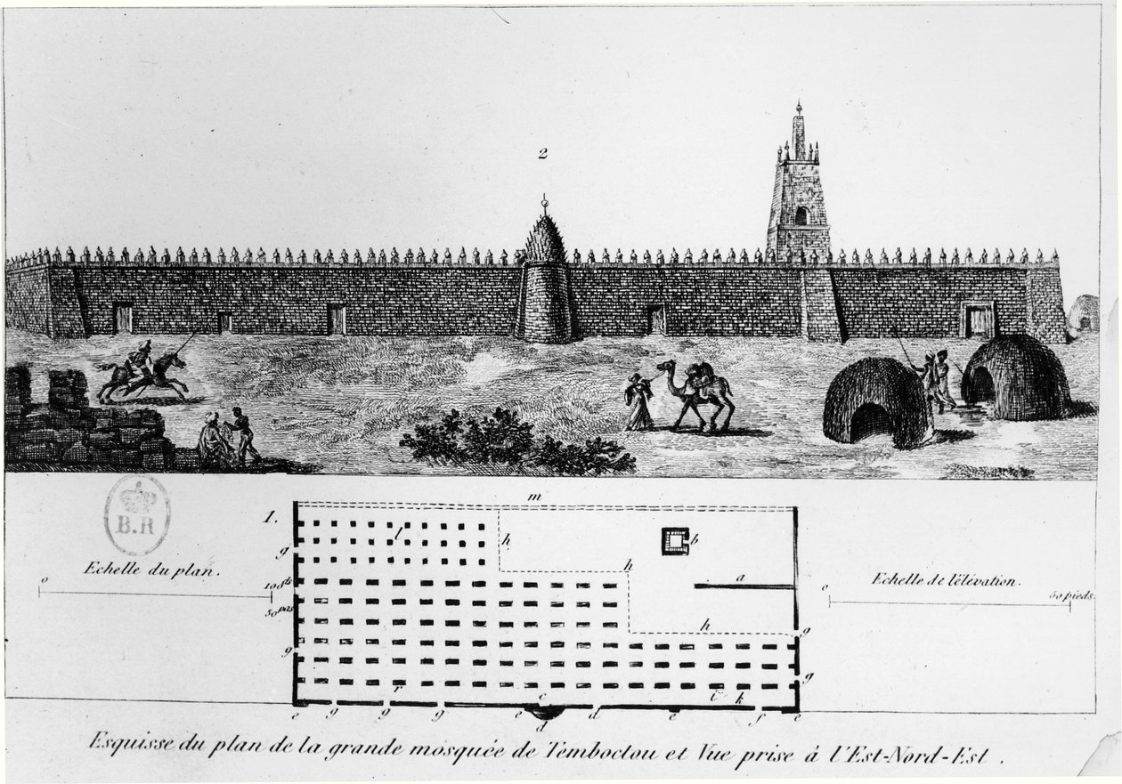 Widok i plan wielkiego meczetu w Timbuktu, z Journal dun voyage a Tombouctou autorstwa Rene Caillie (1799-1838), 1830 autorstwa French School