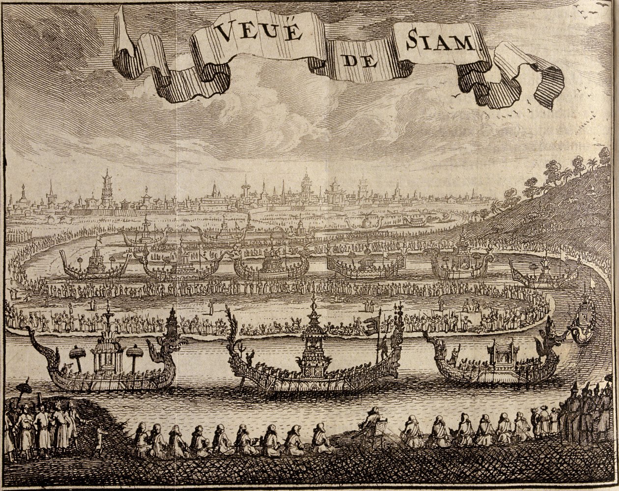 Widok Ayutthayi z królewskimi barkami, z Voyage du Siam des Peres Jesuites autorstwa Guya Tacharda, 1688 autorstwa French School