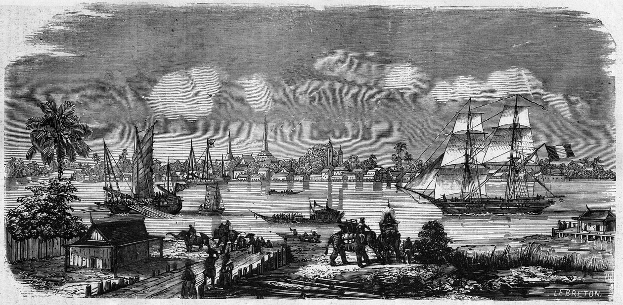 Widok na Bangkok i port (Bang-Kok), Królestwo Syjamu (Tajlandia) autorstwa French School