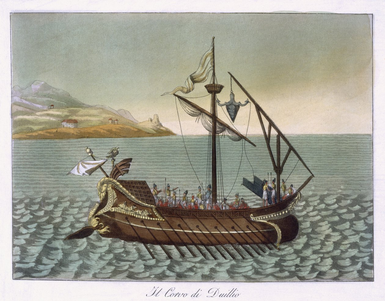 Widok Corvus, Żuraw marynarki wojennej, używany przez G. Duillus, 1796 autorstwa French School