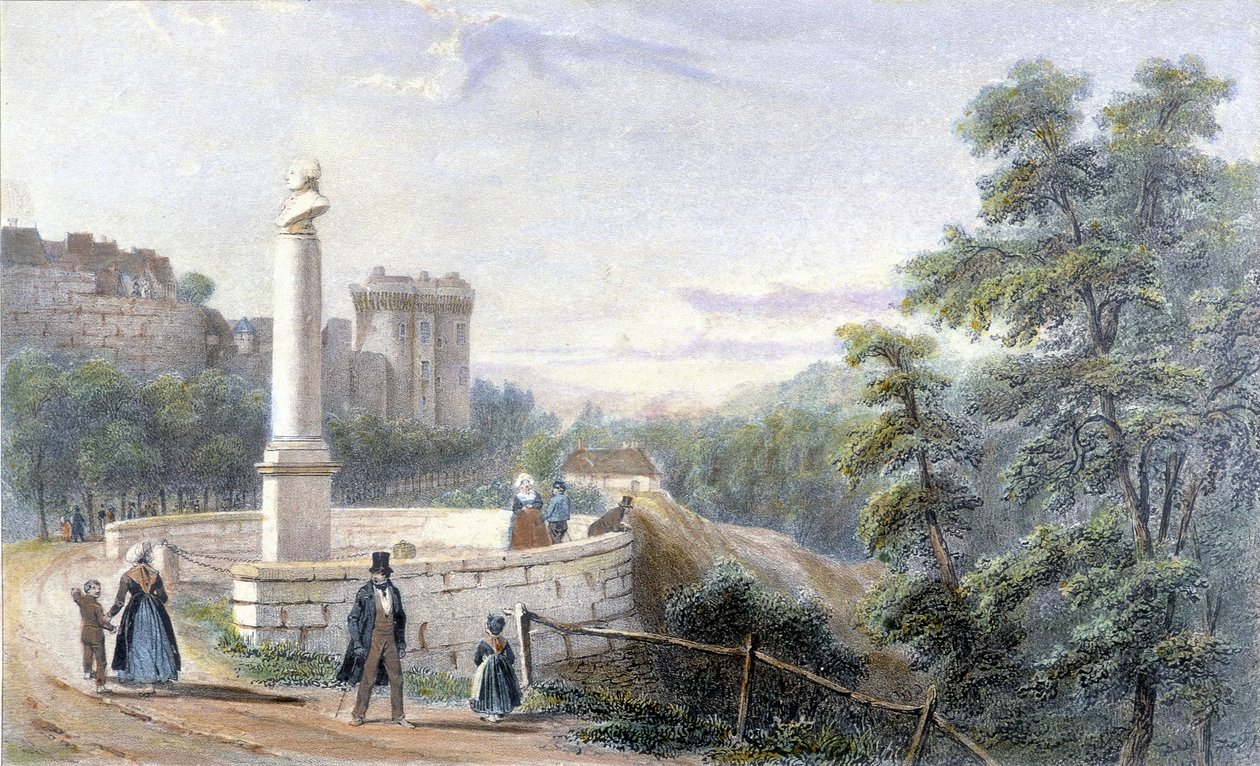 Widok na zamek Dinan i pomnik Duclosa Pinota. Ilustracja z XIX wieku zachowana w Muzeum Dinan. autorstwa French School