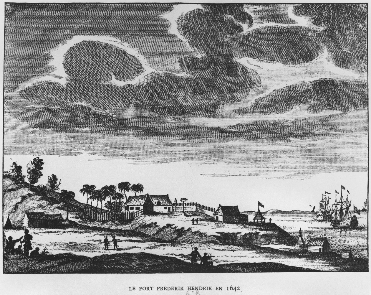 Widok fortu Frederik Hendrik, Mauritius, 1642, ilustracja z Le Premier Etablissement Neerlandais a Maurice autorstwa księcia Rolanda Bonaparte (1858-1924) 1890 autorstwa French School