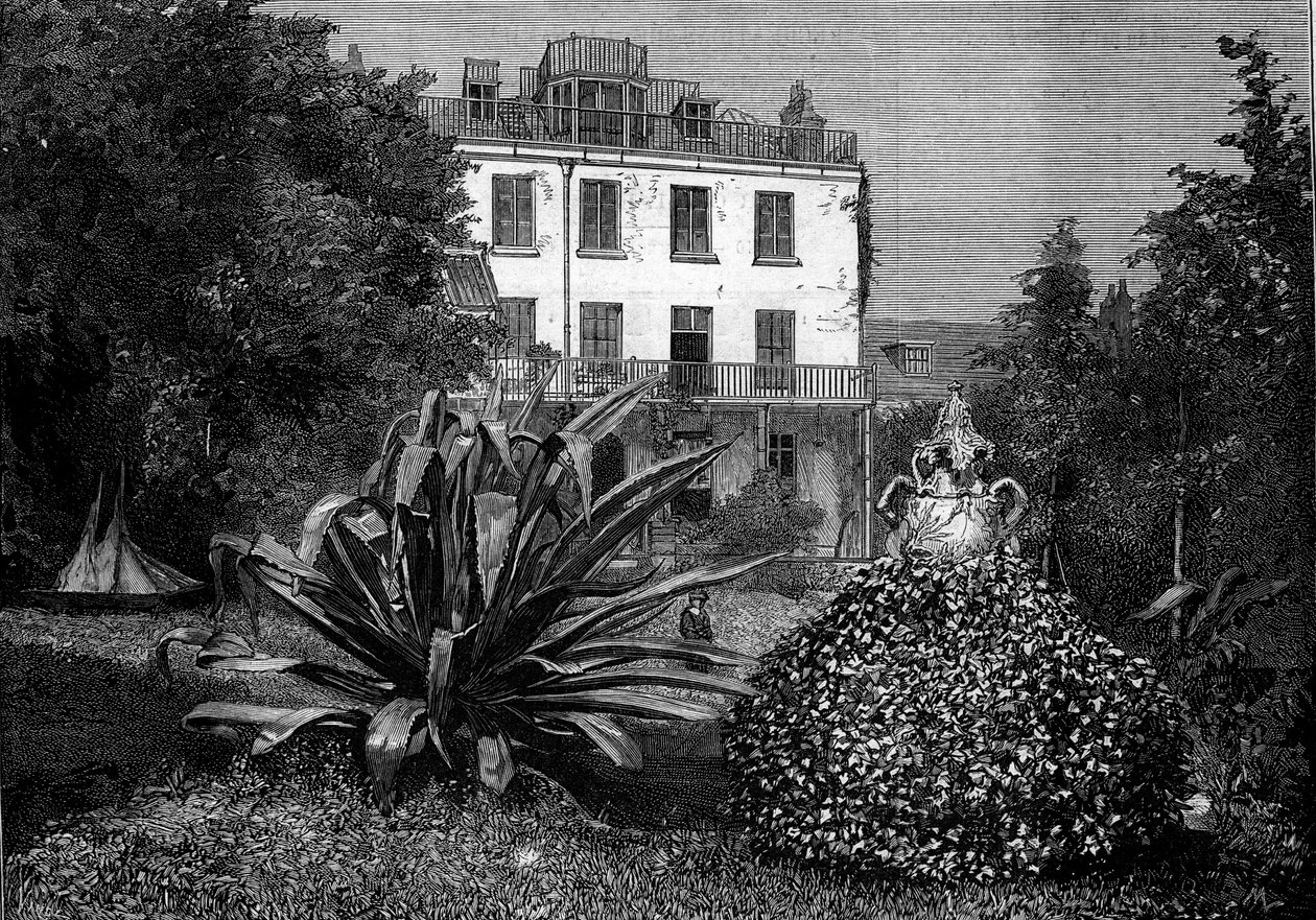 Widok na Dom Hauteville (Hauteville-House), rezydencję Victora Hugo podczas jego wygnania na wyspie Guernsey. Grawerowanie w „” The Illustrious World”” nr 1249 z 5 marca autorstwa French School